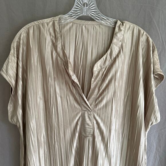 Vintage 80s Gold Crinkle Blouse Tunic Top Pleated Satin Minimalist L/XL No Tags - Picture 2 of 9